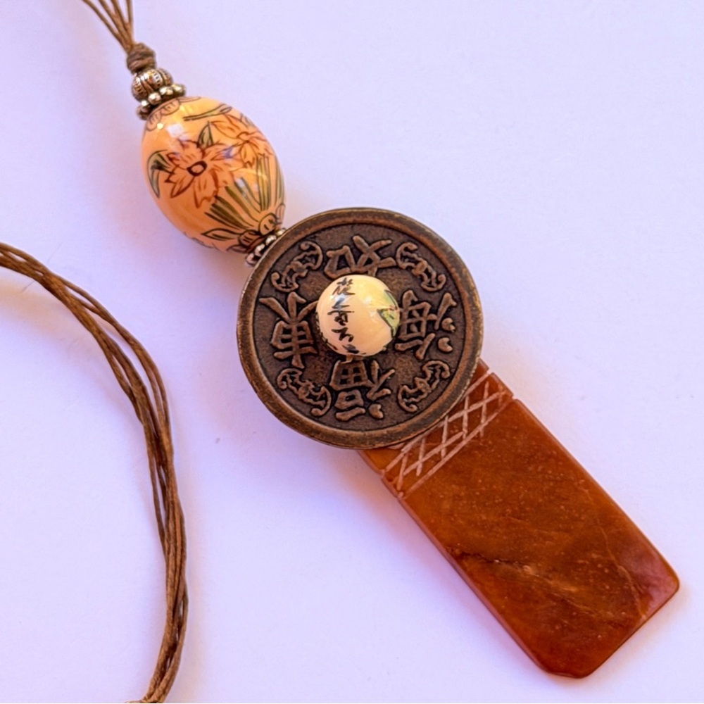 Woman’s Vintage Chinese Coin, Porcelain, and Carved Stone Pendant Necklace​